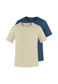 Zwei T-Shirts mit kurzen Ärmeln: eines in Beige und eines in Marineblau, beide aus weicher Baumwolle mit Rundhalsausschnitt und dezentem Logodetail auf der Vorderseite.