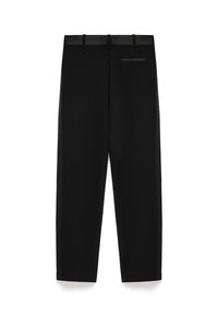 Zwarte broek met een rechte snit, gladde stof, satijnen tailleband en een achterzak met een strakke afwerking.