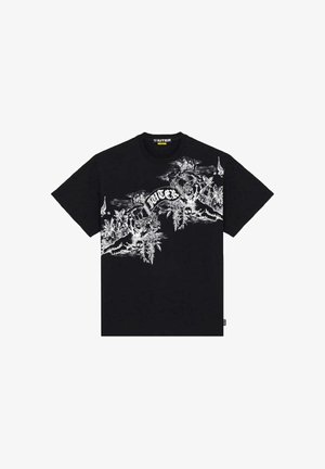 T-shirt nera a maniche corte con grafica bianca di fiori, teschi e la parola "IUTER" sul petto in carattere stilizzato.