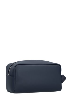Navy blue rectangular toiletry bag with textured fabric, zipper closure on top, and a fabric loop handle on one side.