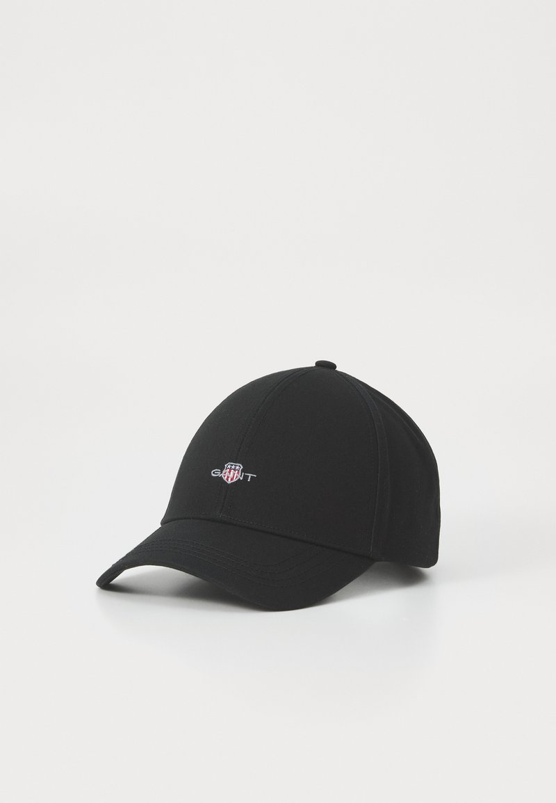 Black baseball cap featuring a fabric exterior, curved brim, and stitched logo on the front. Smooth texture, structured design, and adjustable fit.