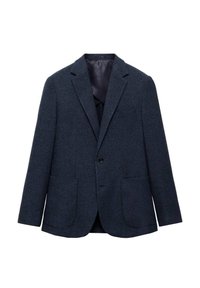 Granatowy, teksturowany blezer z pojedynczym zapięciem na guzik, klapami z wycięciem i dwoma przednimi kieszeniami, z gładką podszewką wewnętrzną.