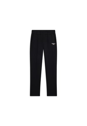 Pantalons de sport noirs en stretch avec ceinture élastique, poches latérales et un logo blanc sur la cuisse gauche. Texture lisse, design ajusté.