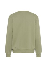 Felpa verde in cotone con maniche lunghe, scollatura rotonda e polsini e orlo a costine. Tessuto liscio, colore uniforme senza motivi.