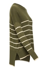 Maglione verde oliva con righe orizzontali bianche, dotato di scollatura a girocollo, maniche lunghe, fessure laterali e una finitura in maglia testurizzata.