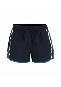 Shorts da bagno blu navy con tessuto testurizzato, vita elastica, cordino regolabile e strisce laterali bianche e verdi. Logo sul davanti.