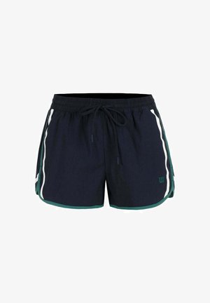 Shorts da bagno blu navy con tessuto testurizzato, vita elastica, cordino regolabile e strisce laterali bianche e verdi. Logo sul davanti.