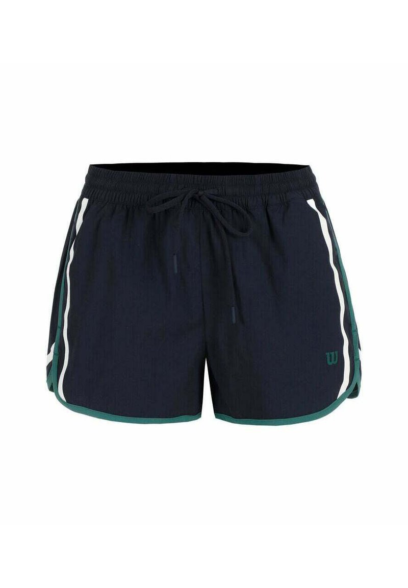 Shorts da bagno blu navy con tessuto testurizzato, vita elastica, cordino regolabile e strisce laterali bianche e verdi. Logo sul davanti.