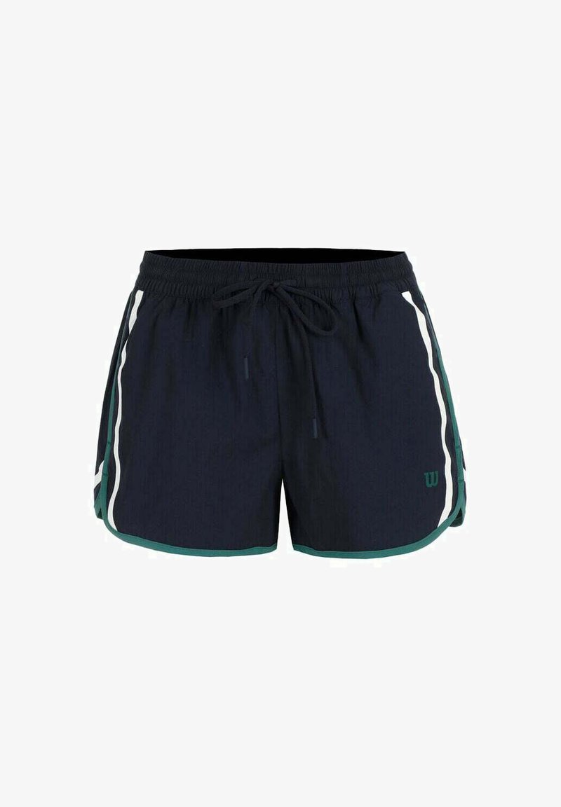 Shorts da bagno blu navy con tessuto testurizzato, vita elastica, cordino regolabile e strisce laterali bianche e verdi. Logo sul davanti.