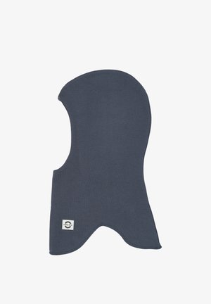 Bonnet d'hiver style cagoule gris foncé avec ouverture pour le visage et étiquette sur le bas, conçu pour une couverture complète de la tête et du cou.