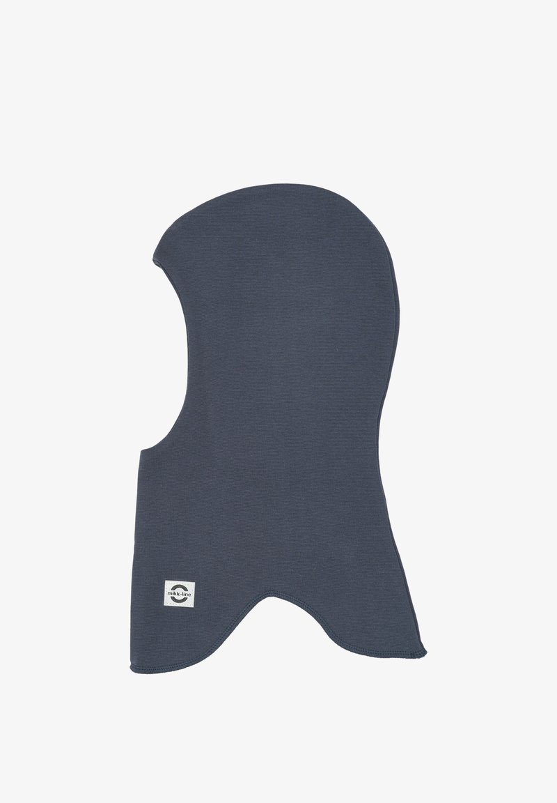 Bonnet d'hiver style cagoule gris foncé avec ouverture pour le visage et étiquette sur le bas, conçu pour une couverture complète de la tête et du cou.