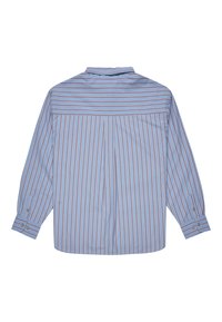 Light blue long-sleeve shirt with vertical red stripes, button cuffs, back pleat, and a pointed collar. Smooth fabric texture.