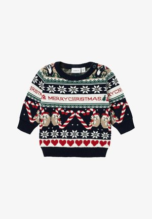 Maglione lavorato a maglia blu navy con motivi festivi, tra cui fiocchi di neve, bastoncini di zucchero e due lontrie con il testo "BUON NATALE".
