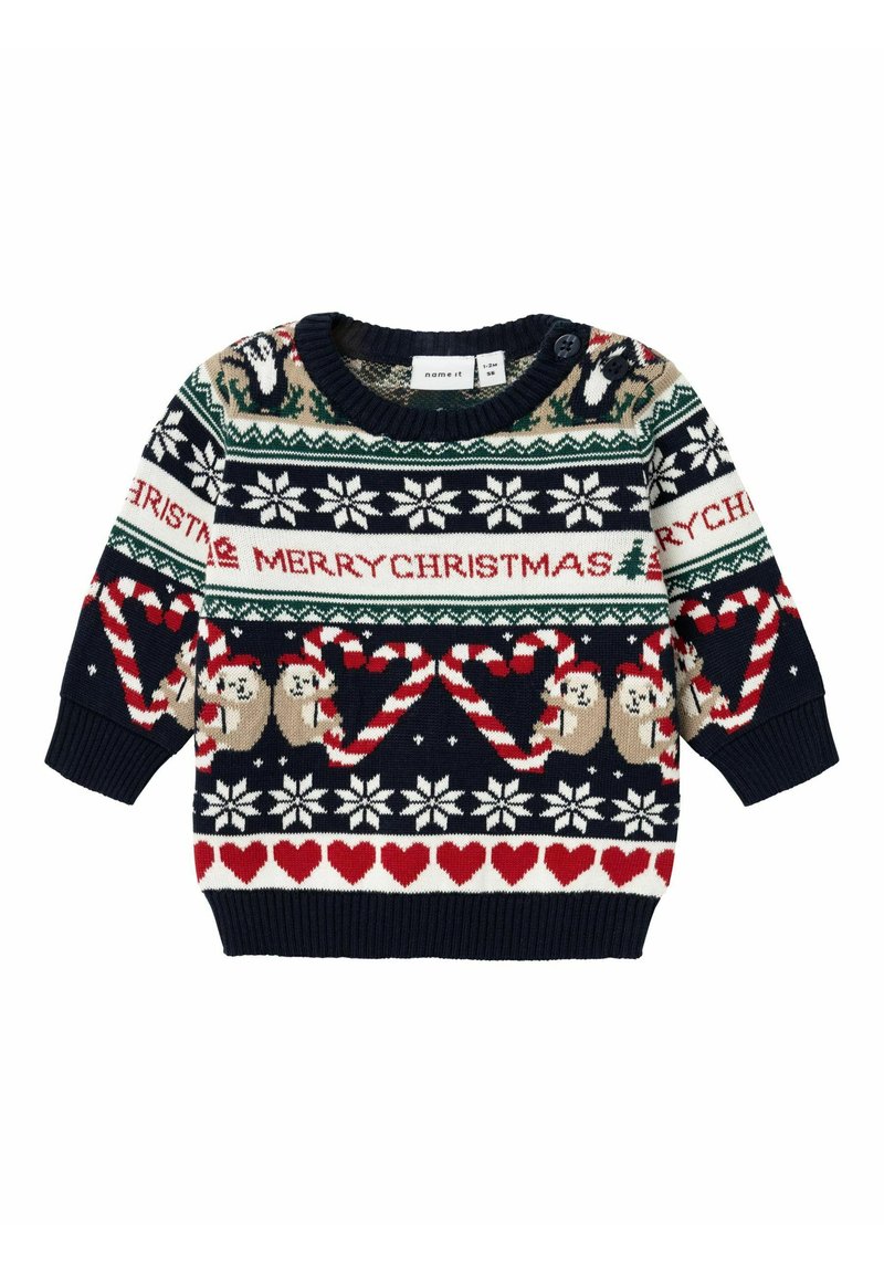 Maglione lavorato a maglia blu navy con motivi festivi, tra cui fiocchi di neve, bastoncini di zucchero e due lontrie con il testo "BUON NATALE".