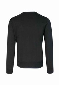 Maglione lungo nero con maniche a lunghe, scollo rotondo, polsini e orlo a coste, caratterizzato da una texture liscia e una silhouette aderente.
