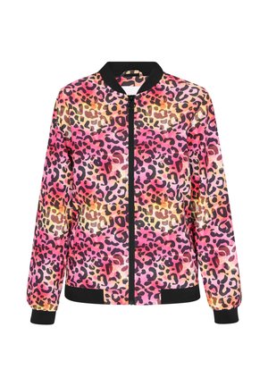 Bomberka w panterkę w kolorach różowym, pomarańczowym i czarnym. Posiada czarny zamek błyskawiczny oraz ściągacze przy rękawach i na dole. Gładki, lekki materiał.