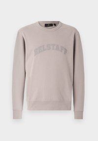 Felpa grigia chiara in morbido cotone con colletto a girocollo, polsini a coste e un logo "BELSTAFF" tonalità prominente sul petto.