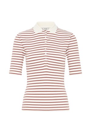 Kurzärmeliges figurbetontes Polohemd mit weißen und hellbraunen horizontalen Streifen und einem einfarbigen weißen Kragen.