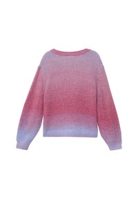 Strickpullover mit einem Farbverlauf von Pink zu Hellblau. Verfügt über lange, ballonförmige Ärmel und einen runden Kragen.