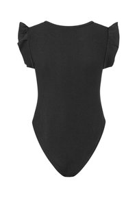Body bébé en tissu côtelé noir avec manches courtes à volants et encolure arrondie, vu de dos.
