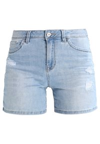 Ljust blå denimshorts med hög midja, med knäppning, framfickor och slitningar på benen.