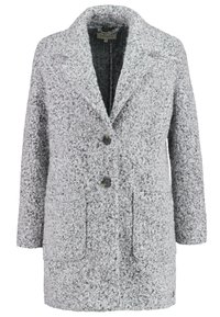 Harmaa teksturoitu takki, jossa on kaulus, yksirivinen edusta, kaksi etutaskua ja kaksi tummanväristä nappia. Pehmeä, pörröinen materiaali, keskipitkä malli.