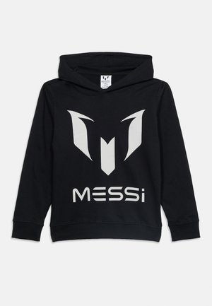Sweat à capuche noir avec grand logo "M" stylisé en blanc et texte "MESSI" sur le devant, manches longues et poignets côtelés.