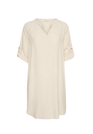 Beige linen shirt dress with a V-neck, half sleeves with roll tabs, and button details. Smooth texture, relaxed fit. Casual design.