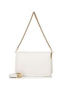 Sac à main en cuir blanc avec un design structuré, doté d'une chaîne dorée et d'une bandoulière amovible. Fermeture éclair sur le bord supérieur.