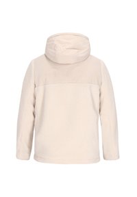 Chaqueta de forro polar beige con mangas largas, capucha y panel de tela lisa en la parte superior de la espalda, mostrada desde atrás sobre fondo blanco.
