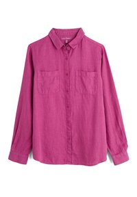 Camicia rosa a maniche lunghe realizzata in tessuto leggero, dotata di colletto, due tasche frontali e chiusure a bottoni lungo la parte anteriore.