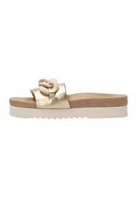 Gold metallic slide sandal featuring a wide strap, a textured sole, and a prominent cream-colored chain accent on the upper.