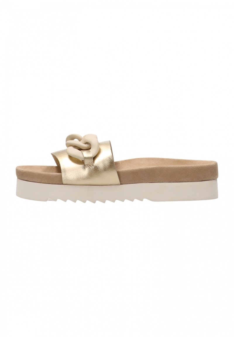Gold metallic slide sandal featuring a wide strap, a textured sole, and a prominent cream-colored chain accent on the upper.