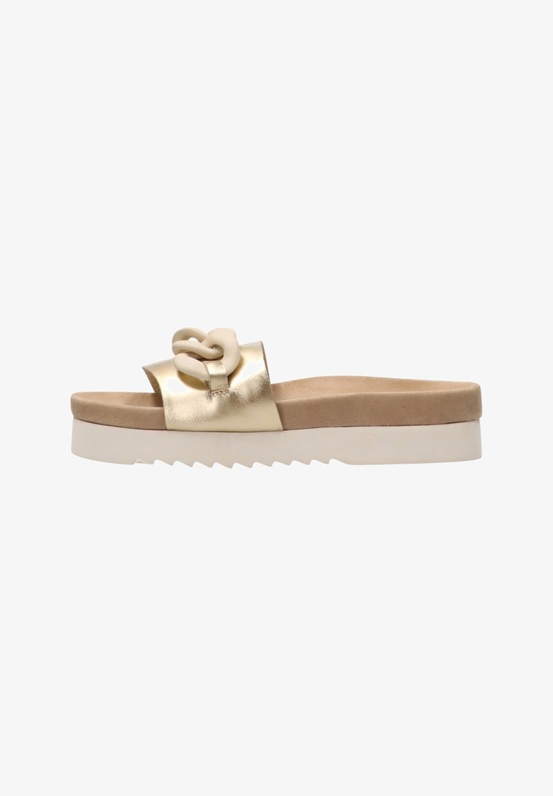 Gold metallic slide sandal featuring a wide strap, a textured sole, and a prominent cream-colored chain accent on the upper.