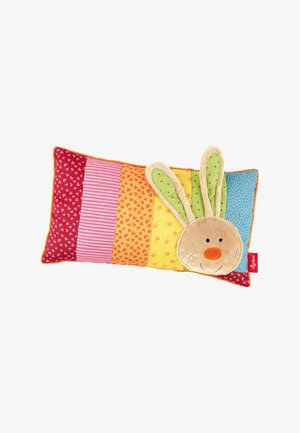 Colorful rectangular pillow with vertical stripes and a plush bunny face with long ears attached on one side.