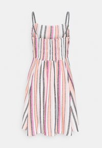 Strap dress with vertical stripes in pink, black, and white; smocked bodice; lightweight fabric; flared silhouette.