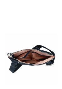 Dunkelblaues Crossbody-Tasche mit Reißverschluss, ausgestattet mit einer strukturierten Außenseite, pinkem Innenfutter und mehreren Innenfächern.