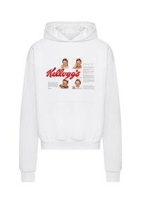 White hoodie featuring a front graphic with four images of children and "Kellogg's" in red. Material appears soft, with a front pocket and ribbed cuffs.