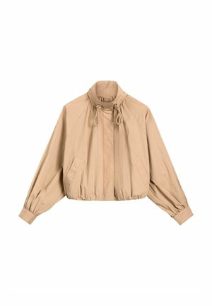 Beżowa krótka kurtka z wysokim kołnierzem, sznurkami do ściągania, elastycznym dołem, długimi bufiastymi rękawami i kieszeniami z przodu z rozcięciami.