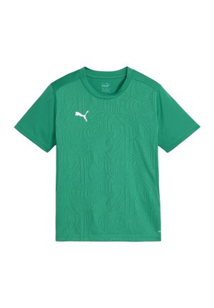 T-shirt de sport vert à manches courtes avec un motif texturé, présentant un logo Puma blanc sur la poitrine et un col rond.