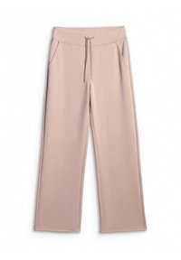 Pantalon beige à jambes larges avec taille à cordon et poches latérales, étalé à plat sur fond blanc.