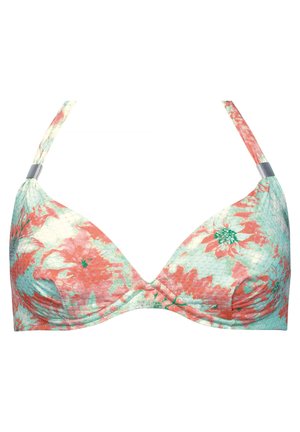 Bikini w kwiatowy wzór, z trójkątnymi miseczkami, regulowanymi ramiączkami oraz teksturowanym materiałem w pastelowych odcieniach niebieskiego, koralowego i zielonego.