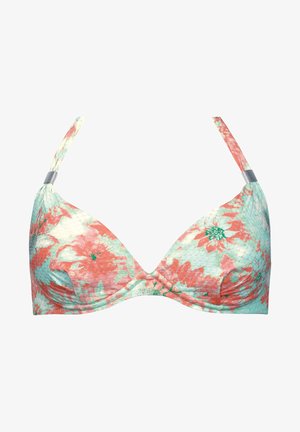 Bikini w kwiatowy wzór, z trójkątnymi miseczkami, regulowanymi ramiączkami oraz teksturowanym materiałem w pastelowych odcieniach niebieskiego, koralowego i zielonego.