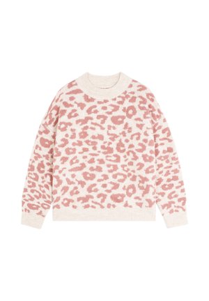 Suéter de crema claro con un patrón de leopardo rosa, que presenta un escote redondo y puños acanalados para un acabado texturizado. Diseño de corte clásico.