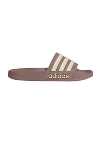 Adidas natikače u mauve boji s mekom teksturom, koje imaju tri kreme pruge i logotip. Izdržljiv, lagan dizajn s oblikovanim uloškom.