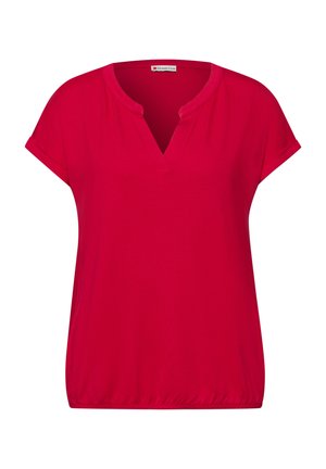 Rød bluse med korte ærmer, V-hals og elastisk kant, lavet af letvægtsstof, afslappet stil.