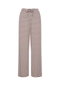 Stribede brede bukser i krem og burgunder, med en elastisk talje og snøre. Fremstillet af et let, struktureret stof.