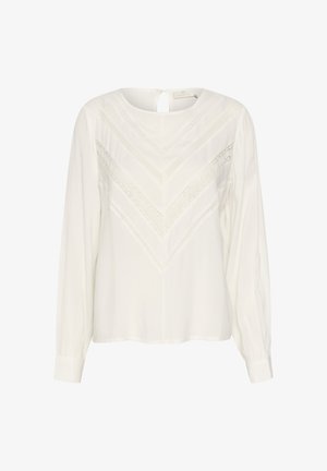 White long-sleeve blouse featuring a round neckline, a back keyhole detail, and a chevron lace design across the front. Lightweight fabric.