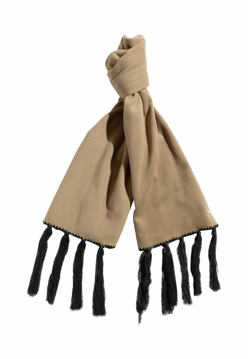 Beige tørklæde lavet af blødt stof, med sorte frynser i enderne og en scallopkant. Vredet knude på toppen til styling.