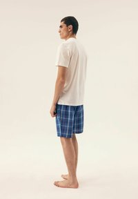Weißes T-Shirt mit Rundhalsausschnitt, blaue karierte Shorts mit grünen und weißen Akzenten, getragen von einer stehenden männlichen Figur mit baren Füßen.